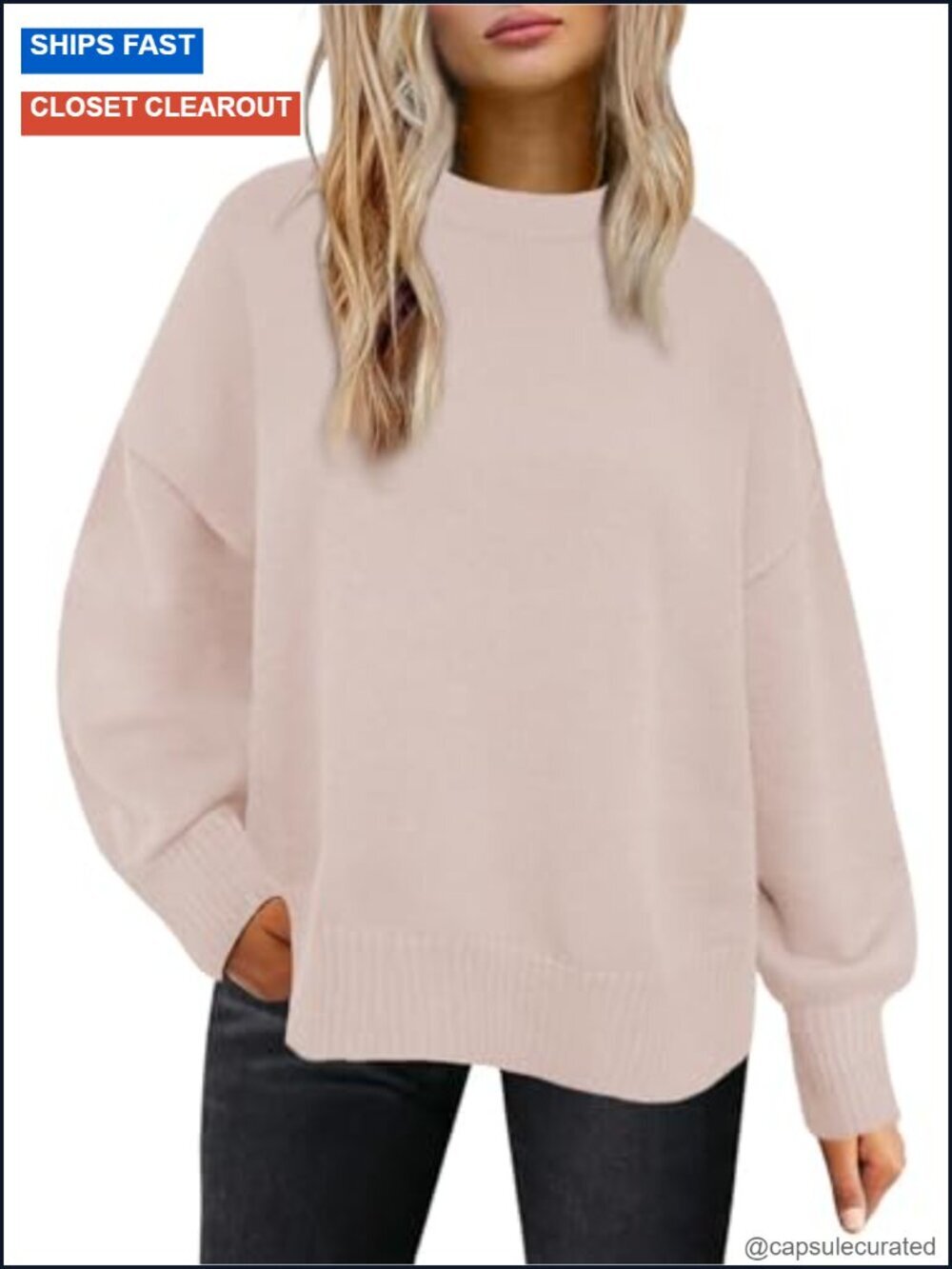 Oversized Crewneck Sweater Pullover Loose Fit Soft Knit Ribbed Hem Side Slit